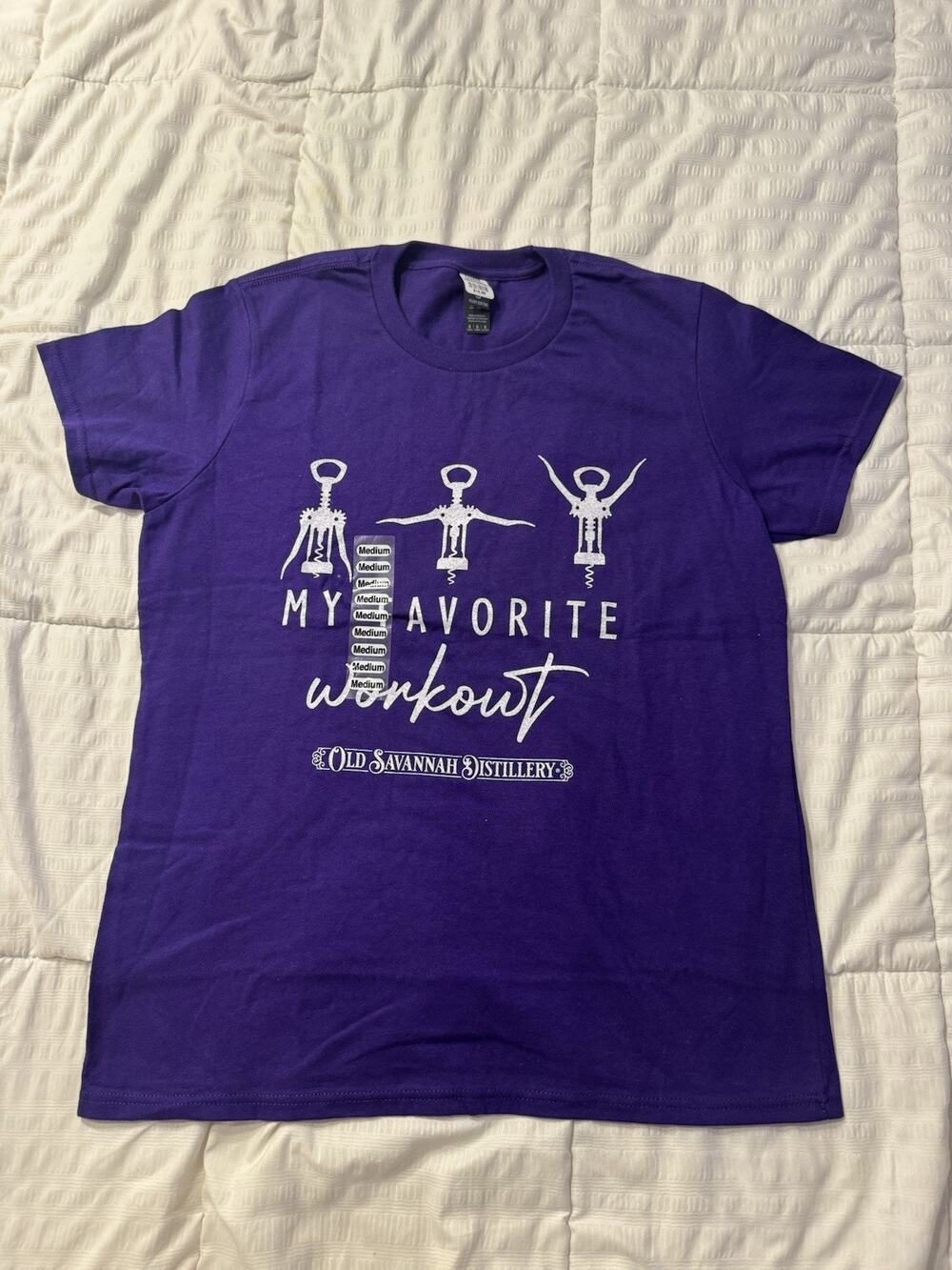 New Purple T-Shirt Crewneck "My Favorite Workout" Old Savannah Distillery
